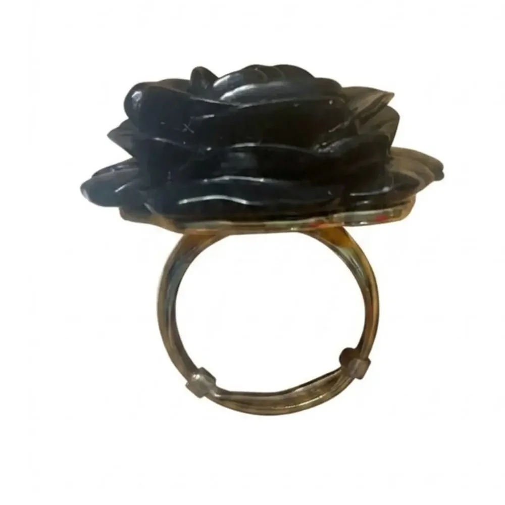 Kenneth Jay Lane KJL Black Carved Resin Rose Statement Ring